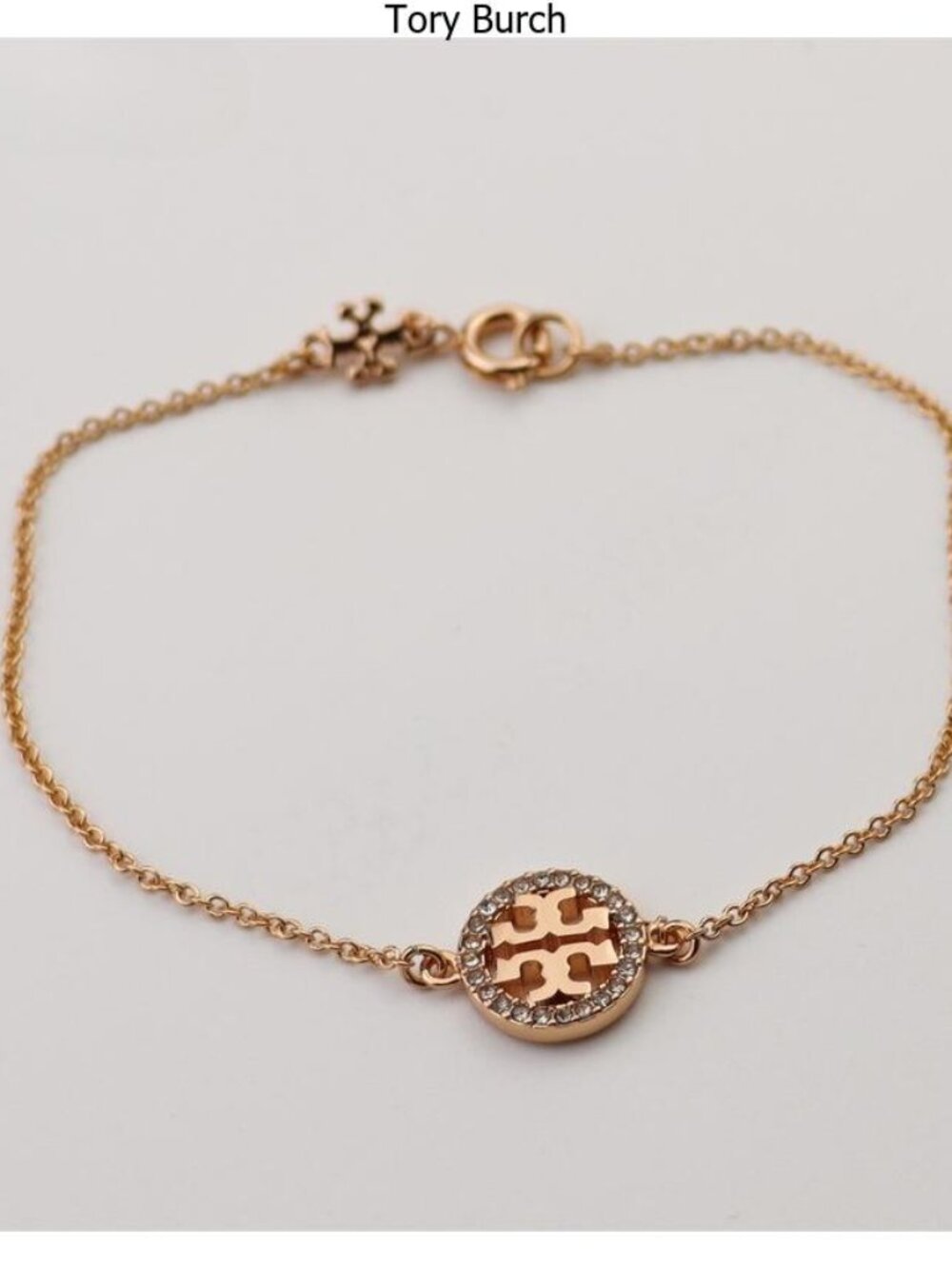 Tory Burch Rose Gold Logo Circle Bracelet with Crystal Halo